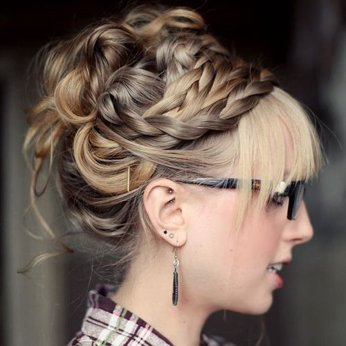 braided and twisted prom updo with straight bangs