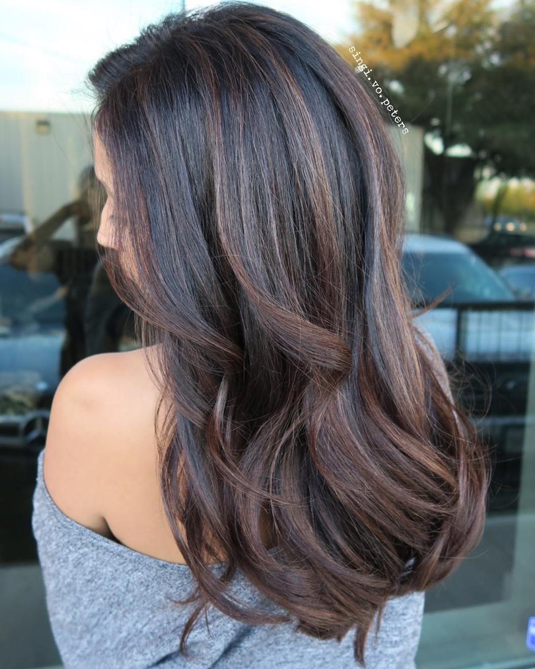 dark hair color ideas with colorful highlights