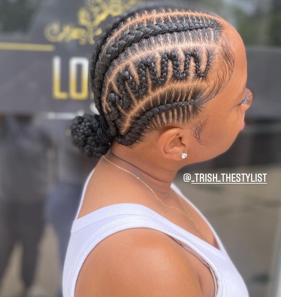 Stitch freestyle braids with a precise scalp pattern worn to the back