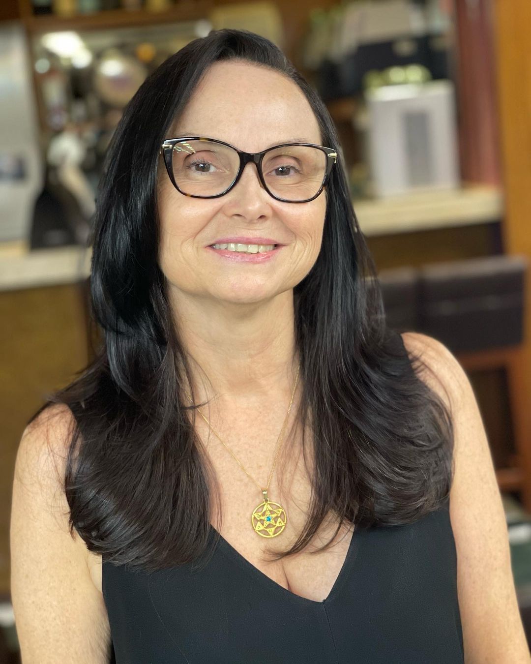 Long Dark Layered Hair for Older Women with Glasses