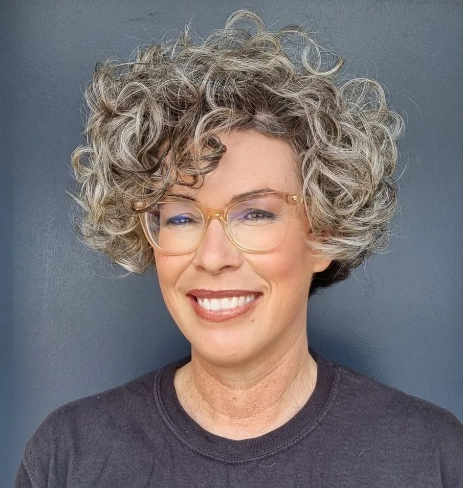 Short Naturally Curly Hair with Gray Hair Blending and Glasses