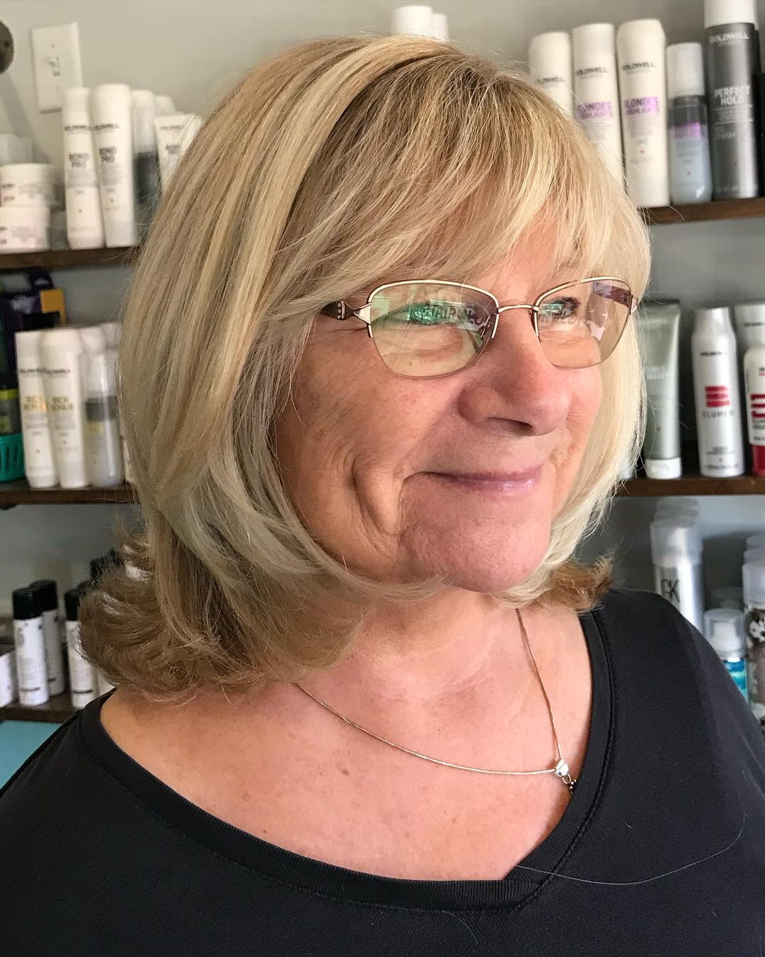 Blonde Layered Bob with Bangs for over 60 with Glasses