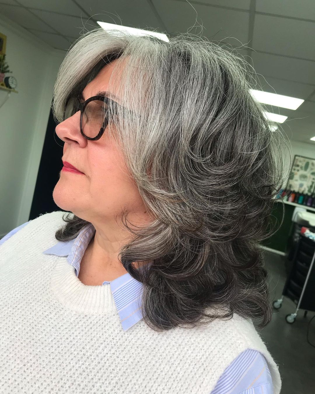 Shoulder Length Feathered Hair for Over 50 with Glasses