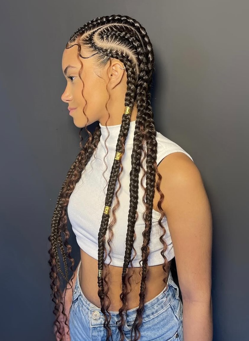 Long Feed-In Ghana Braids with Curls