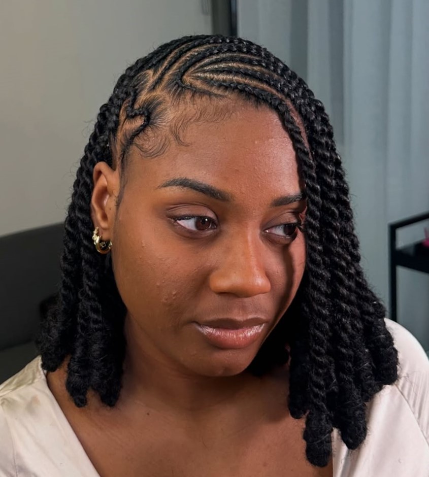 Asymmetrical Cornrow and Twist Lob
