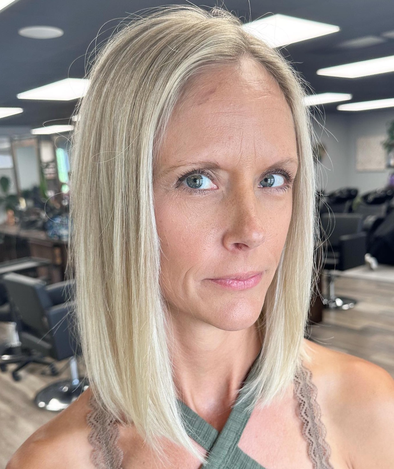 Sleek Straight Lob for a Big Forehead
