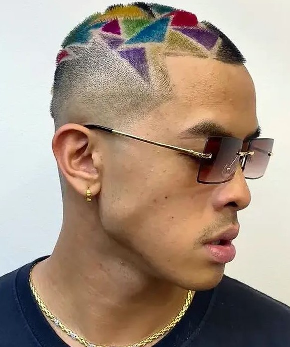 Buzz Cut with Colorful Triangle Hair Design